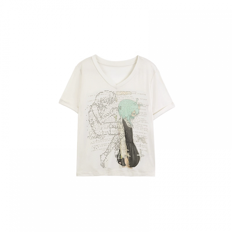 Grün/pinkes T-Shirt mit V-Ausschnitt und Anime-Mädchen-Print