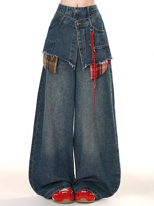 Blue Fake Two-piece Design Wide-leg Cut Jeans