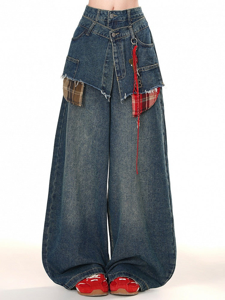 Fake Two-piece Blue Wide-leg Cut Jeans Design