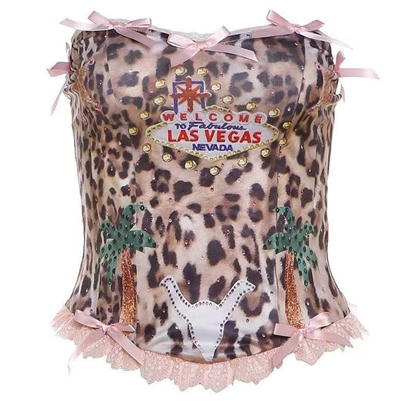 Strapless Leopard Pattern Top Padded Cups Cami Brown Pink With