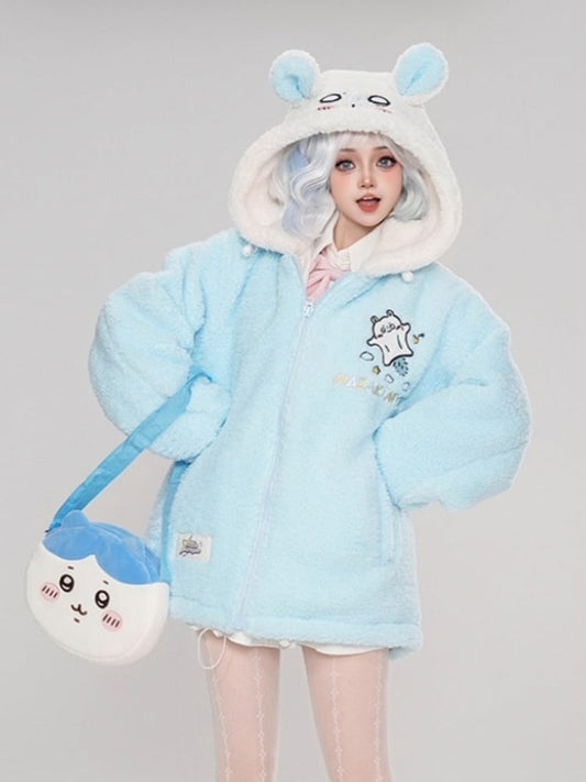 Cartoon Print With Hooded Blue Squirrel Coat Ears Fleece