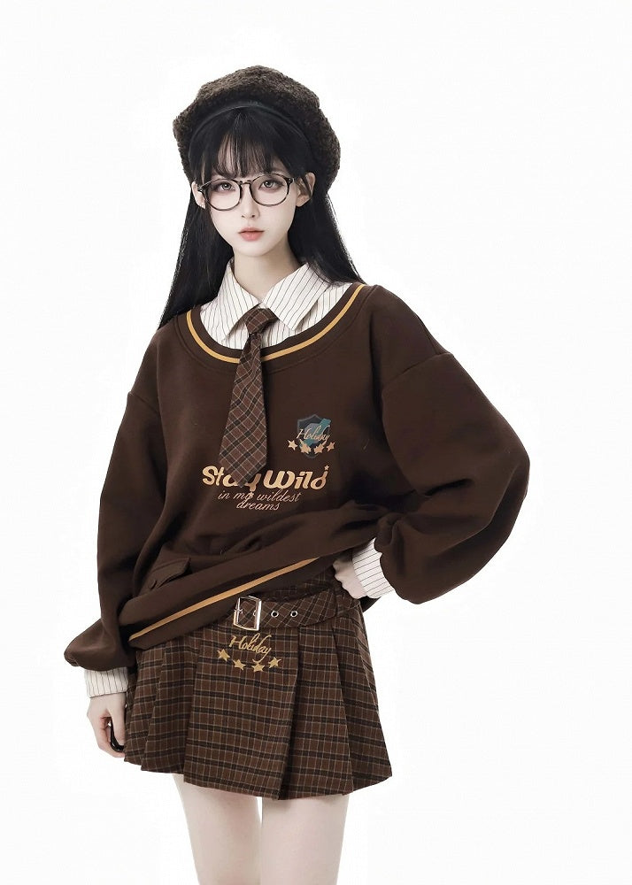 Coffee&White Striped Shirt Collar Fake Two-pieces Sweat Shirt with a Tie