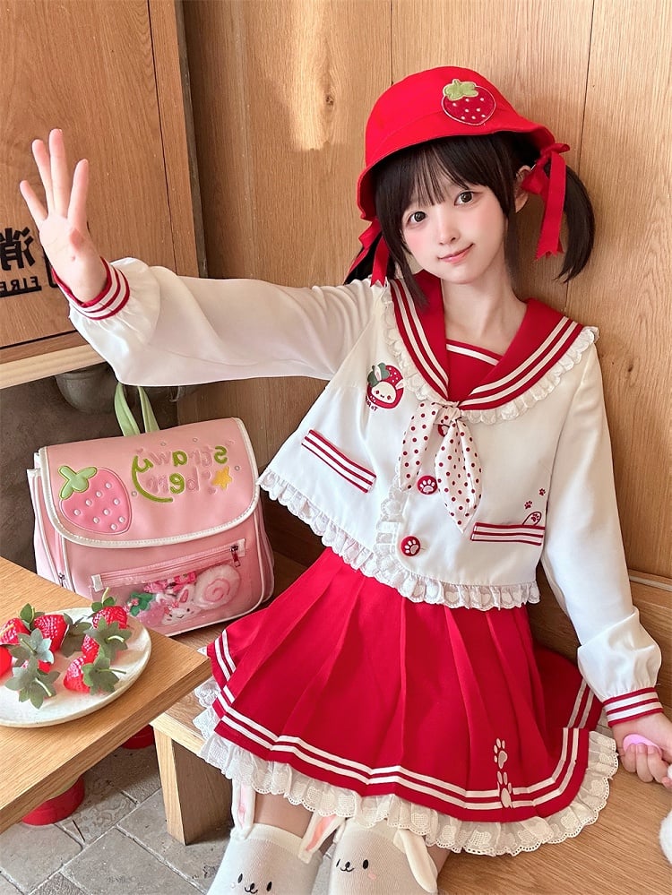 Pink/Wine Ruffled Sailor Collar Bunny Ears Design Back Red JK Uniform Top Light
