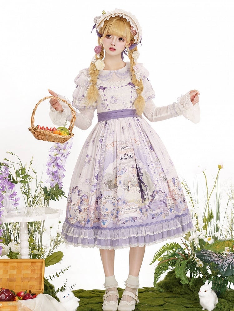 Floral Dress Sleeves Party and Bunny Purple Light Lolita Print with Detachable Tea