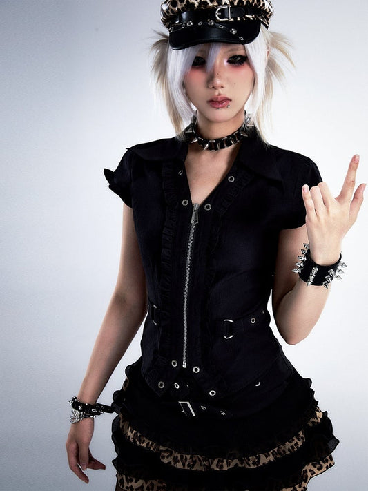 Taillen-Cinched Top Crop Schwarz Punk Vintage