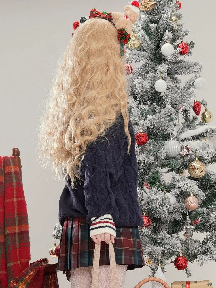 Christmas Navy Blue Gingerbread Bear Appliques V-neck Soft Sweater