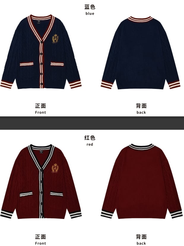 Weihnachten Marineblau V-Ausschnitt Preppy Lose Strickjacke Kontrast Streifenbesatz