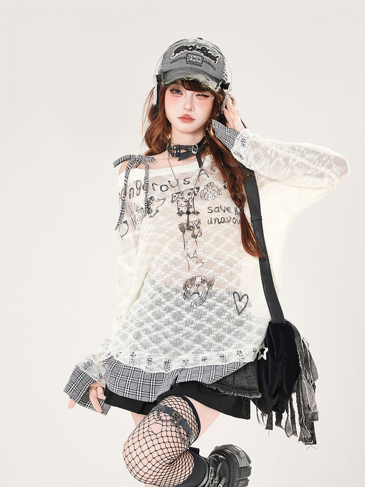 Asymmetrical Neckline Puppy Print Beige/Black Plaid Hem
