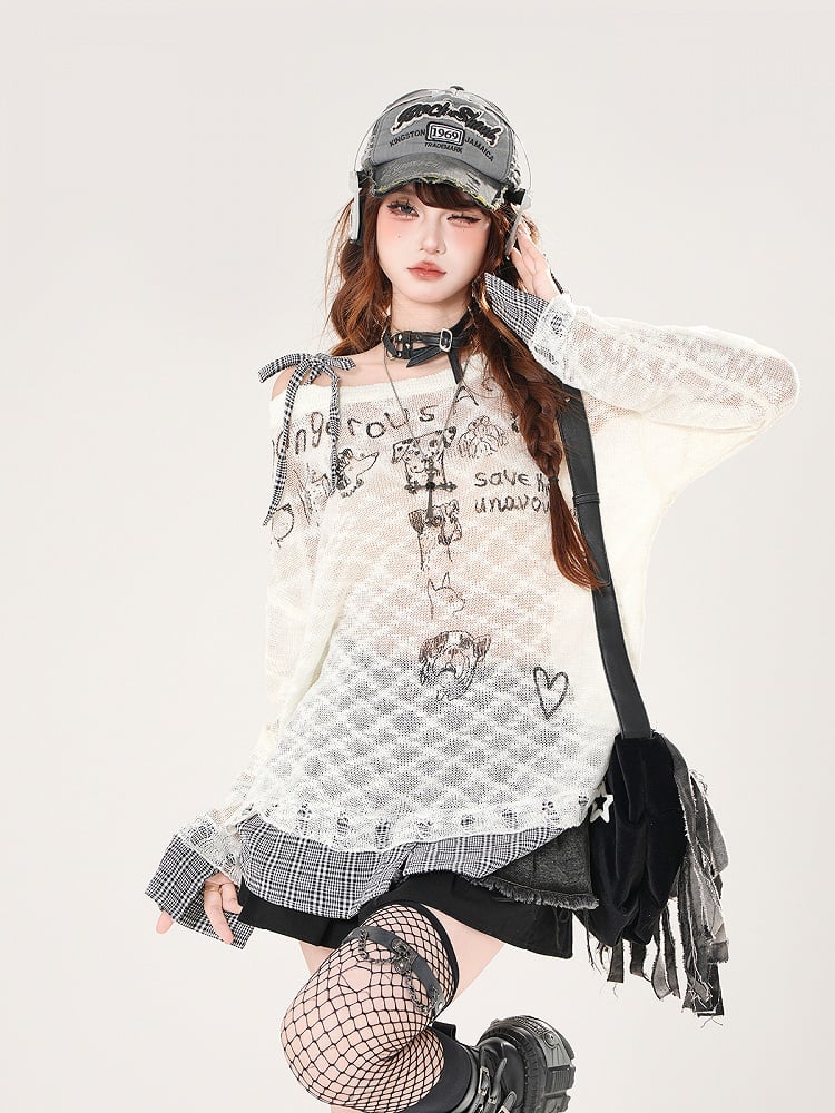 Asymmetrical Neckline Puppy Print Beige/Black Hem Plaid