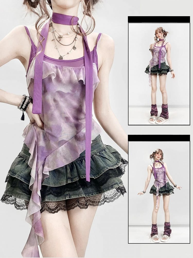 Purple Hem Asymmetrical Ruffles Top Design Dye + Tie Cami Scarf Y2K Trim