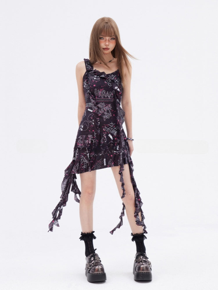 Glamorous Black Graffiti Print Asymmetrical Ruffled Slip Dress Hem