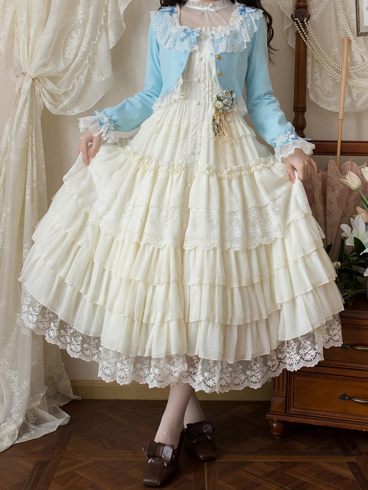 with Cropped Lace Autumn Baby Lolita Blue Cardigan Bow and Accents Trim