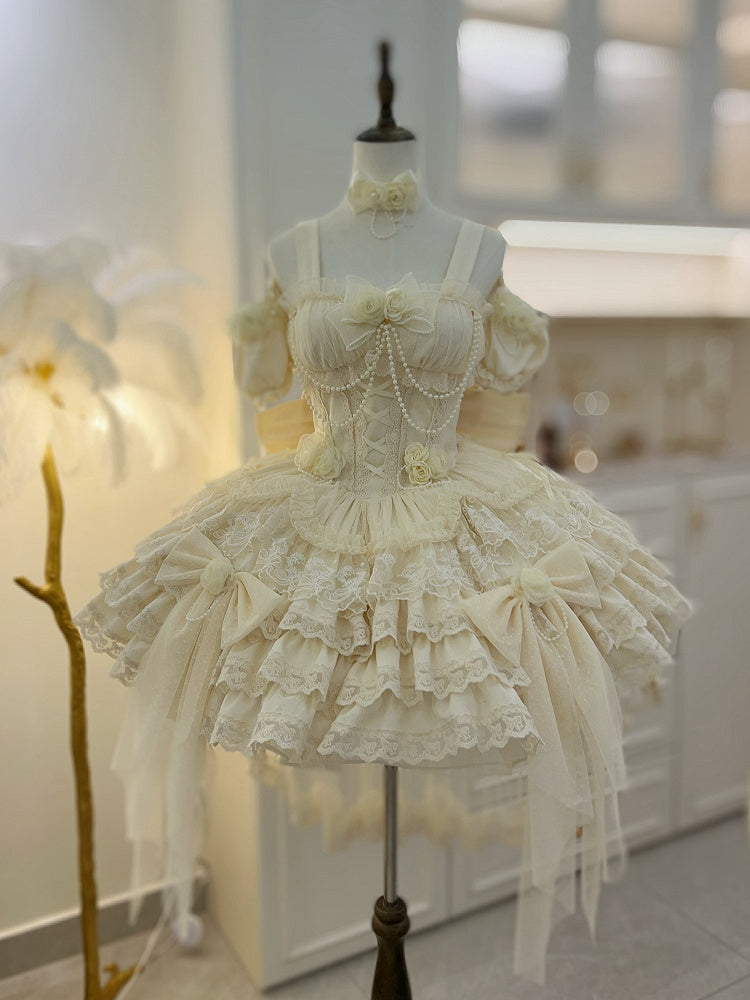 Hanayome Fairy Lolita Flower Basque Skirt Jumper Tiered Waist Hem Beige Dress