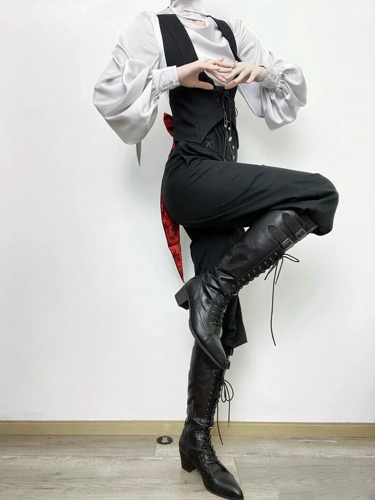 Black Ouji Neck Gothic Bunny at Halter Lolita Buckle Back Tailcoat with Bow Tail Waistcoat