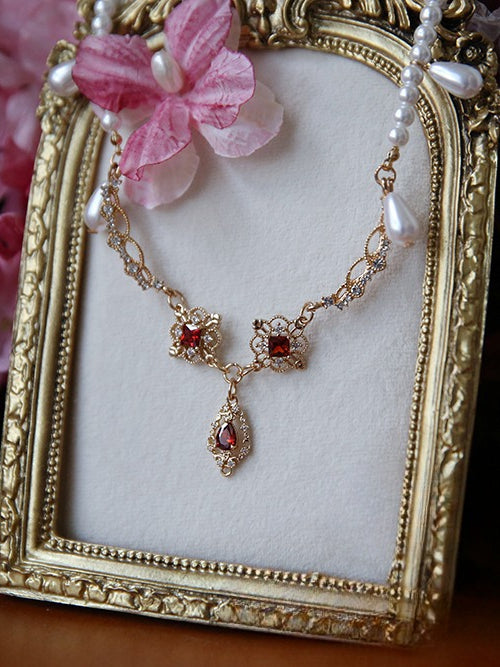 Strass Perlen Rot Lila Halskette Rosa / Blau