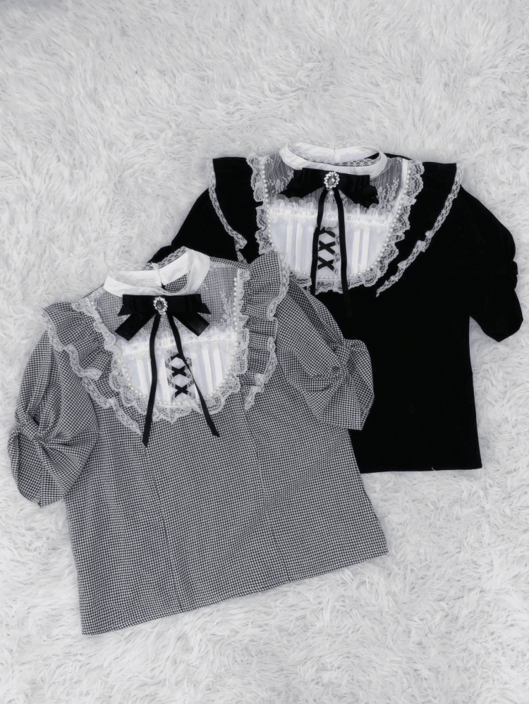 / Lace Trim with Bead Details White Plaid Blouse Jirai Kei Illusion Neckline Black