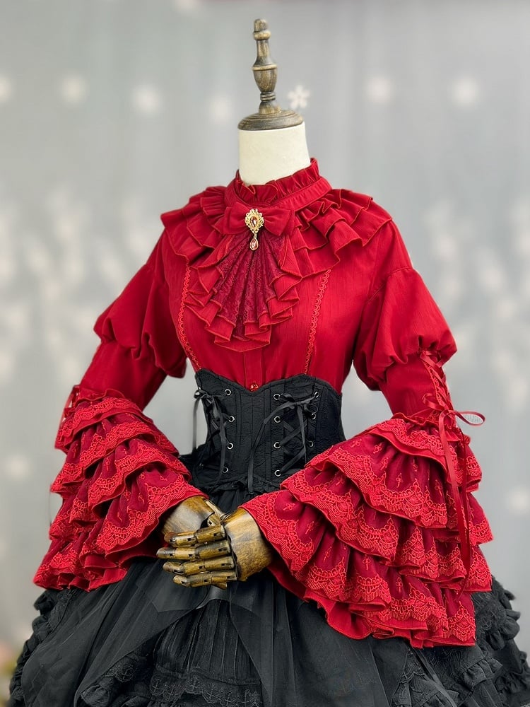 Kuro Ruffle Lolita with Tie Bell Neckline Shirt Gothic Layered Sleeves Jabot Red