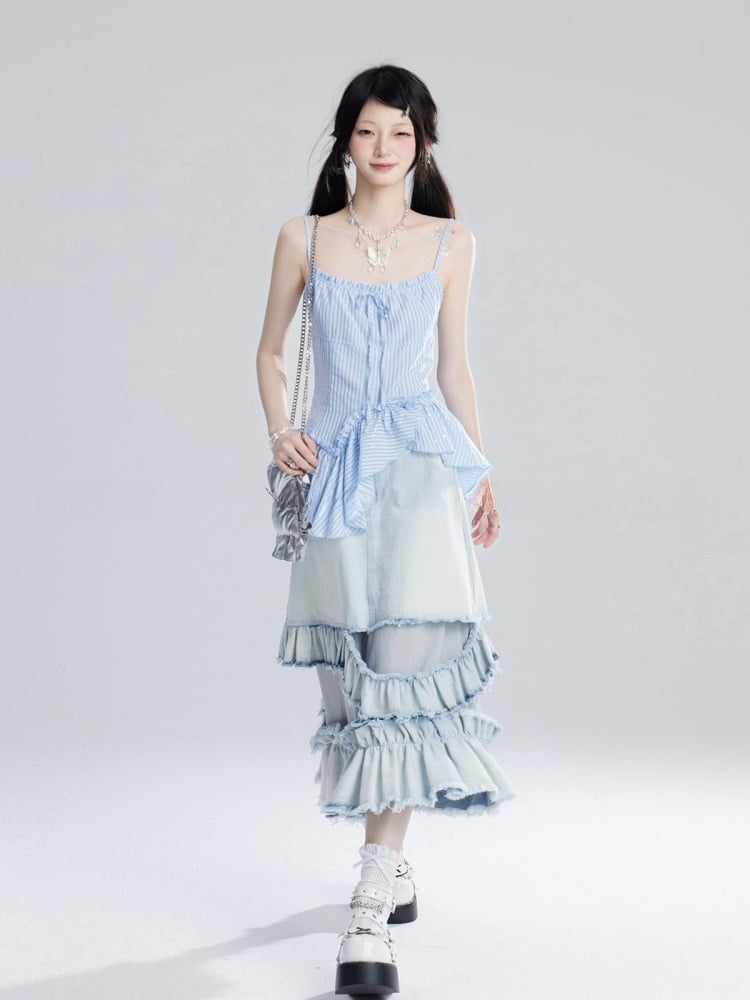 Cami Top Blue Striped Pattern Asymmetrical Hem