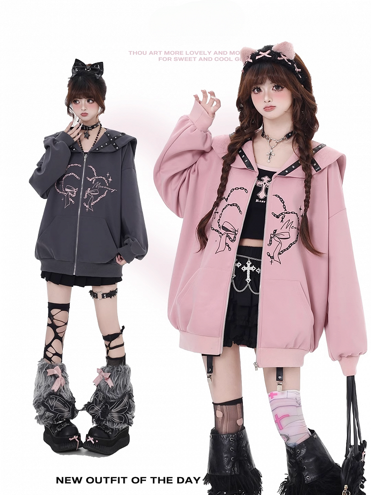 Rosa/graue bedruckte Jacke mit Matrosenkragen und Reißverschluss