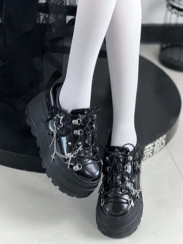 Detachable Black With Punk Front Charm Ties Design Platform Chain Lace-up Cross Shoes