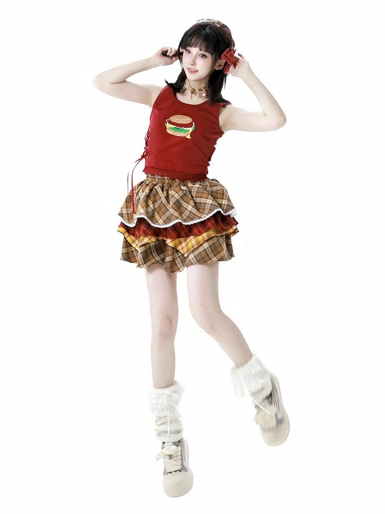Detail Trim White/Red Burger Print Lace Tank Top with Lace-up
