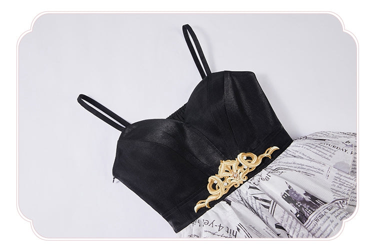 Elegant Skirt Layered Jumper Dress Lolita Print Newspaper Handkerchief
