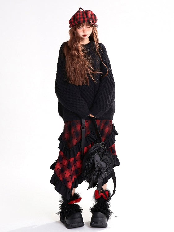 Pattern Skirt Hem Bowknots Plaid Handkerchief Red