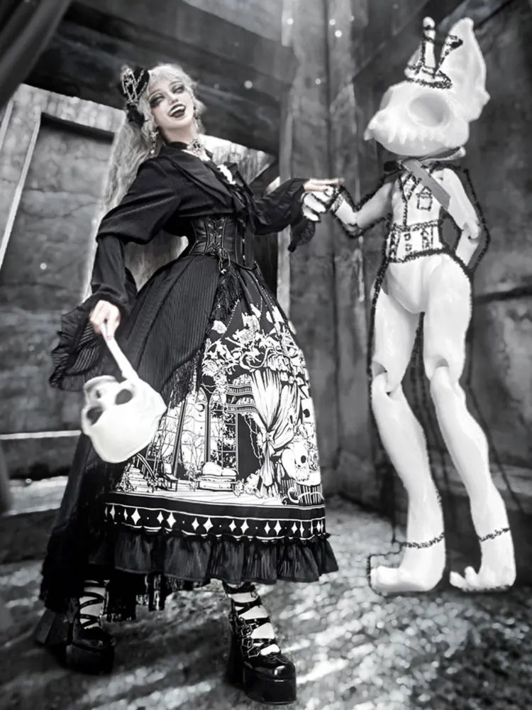 Sleeves Dark Belt Available Black Corset Gothic Plus Set Long - Full Lolita Skirt Sizes Shirt +