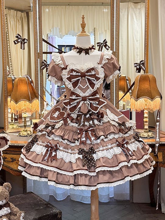 One Bow Ruffle Lolita Sweet Bunny Theme Dress Brown Accents Piece Princess
