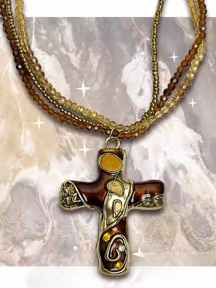 Gold/Braun Kreuz Anhänger Dreilagige Perlenkette
