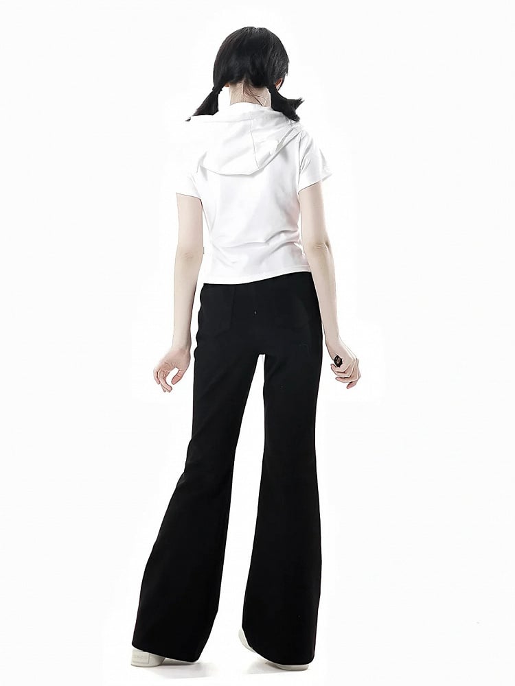 Short Sleeves Top Black/White Devil Horn Design Hood Zip Closure