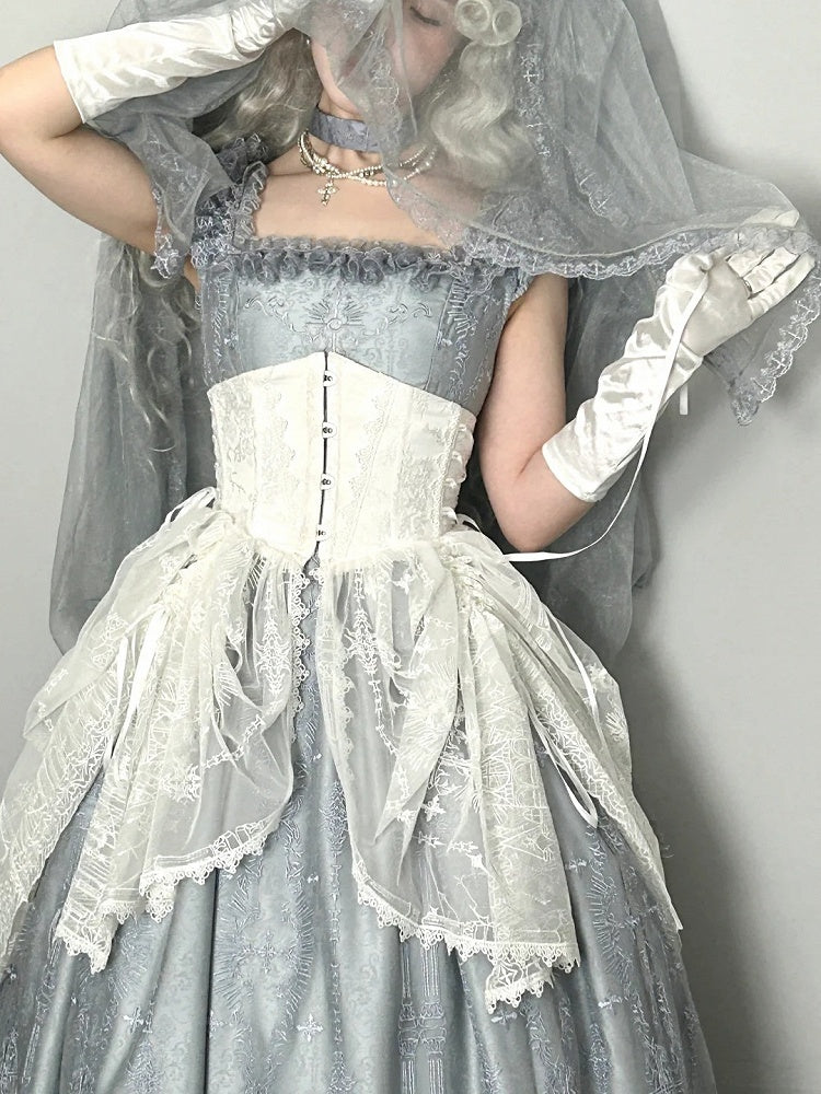 White Gothic Lolita Corset Belt with Drawstring Design Cathedral Embroidery Overlay