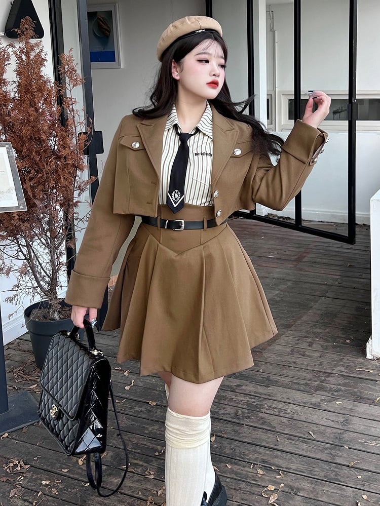 Coffee - Size Suspender Waist Preppy High Plus Skirt Overalls