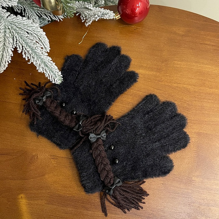 Black/White Lolita Braids Bowknot Plush Gloves