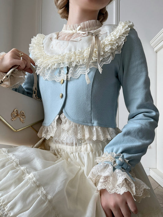 Autumn Trim Fashion Blue Accents Dusty Cropped Lolita Cardigan with Lace Bow and