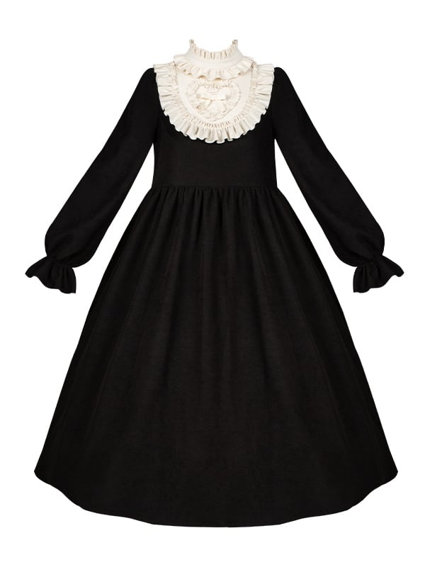 Beige Ruffle Neckline Black High Waist Long Balloon Sleeves Lolita Dress Long Version