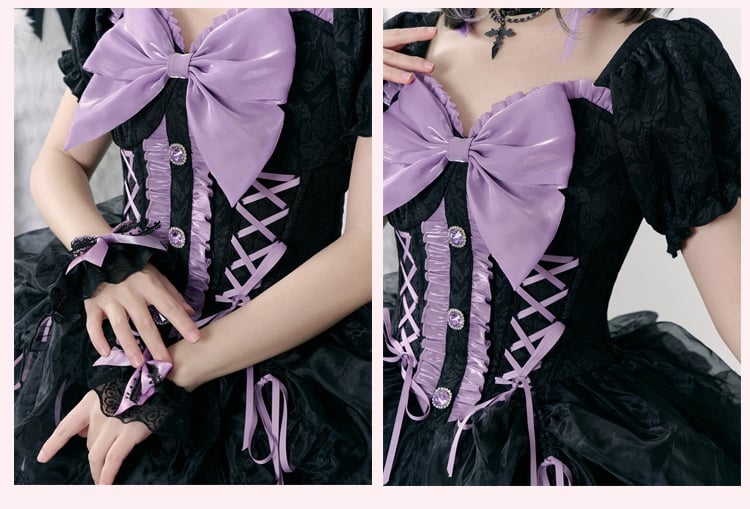 Schwarzes Jacquardkleid mit Schleife und herzförmigem Ausschnitt, Kordelzugrock