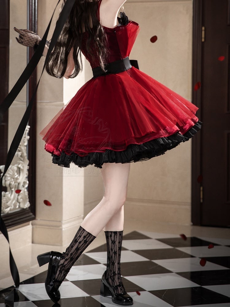 Black Dress Neckline Party Jumper Birthday Straps Floral Red and Lolita Skirt Spaghetti