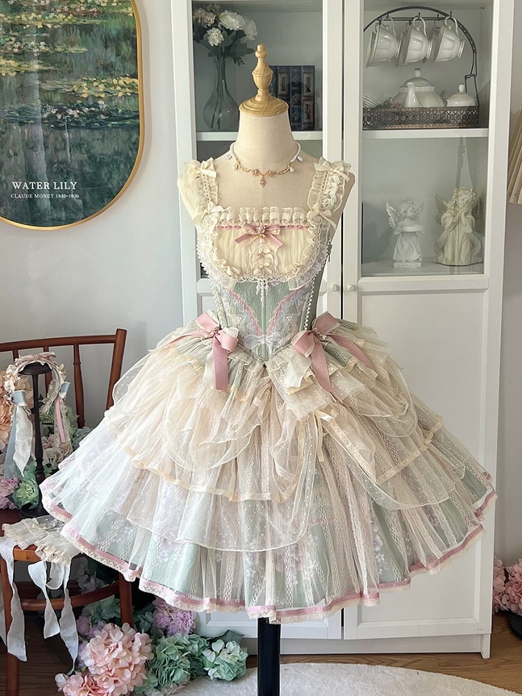 Corset with Pink Two Green Bows Boned Bead Top Details and