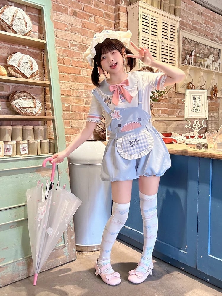Shorts Bubble Shark Light Blue Apron Design Overalls