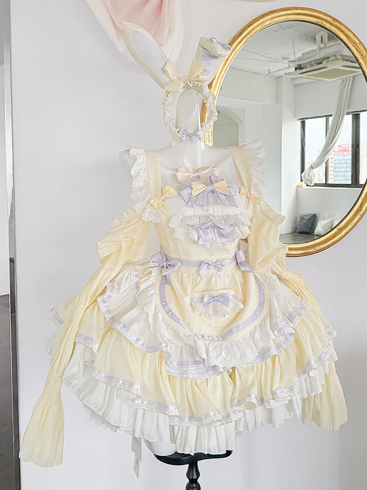 Yellow and Purple Sweet Maid Apron + Basque Waist Tiered Ruffles Hem Strapless Puffy Dress