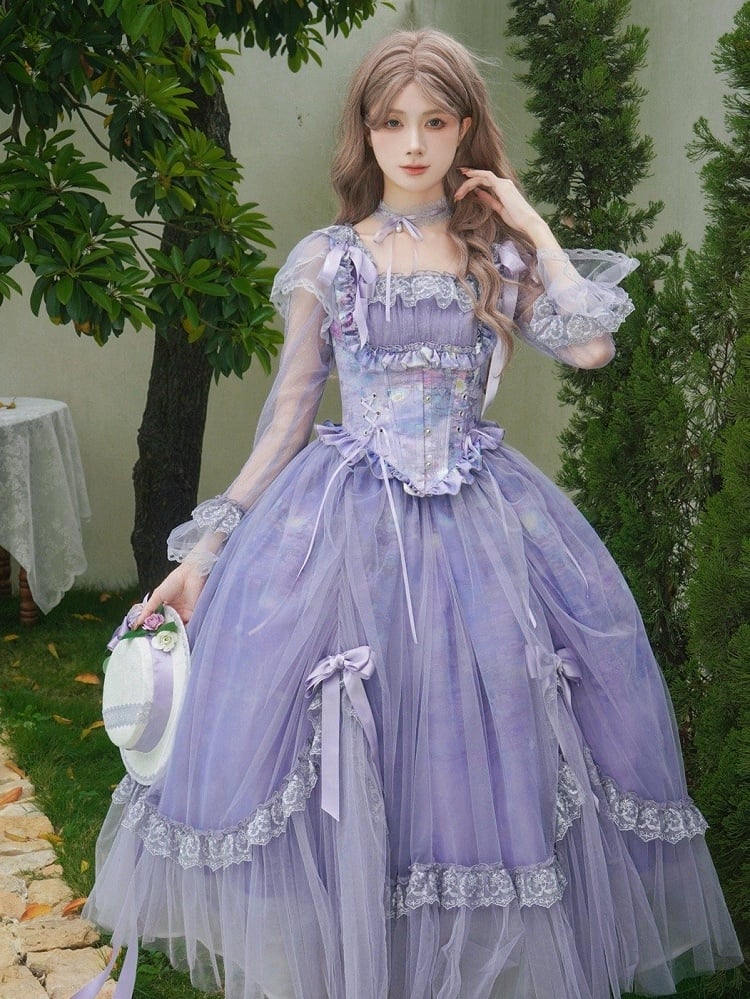 Print Lily Long Oil Dress Water Neckline Painting Sleeves Purple Lolita Skirt Classic Square