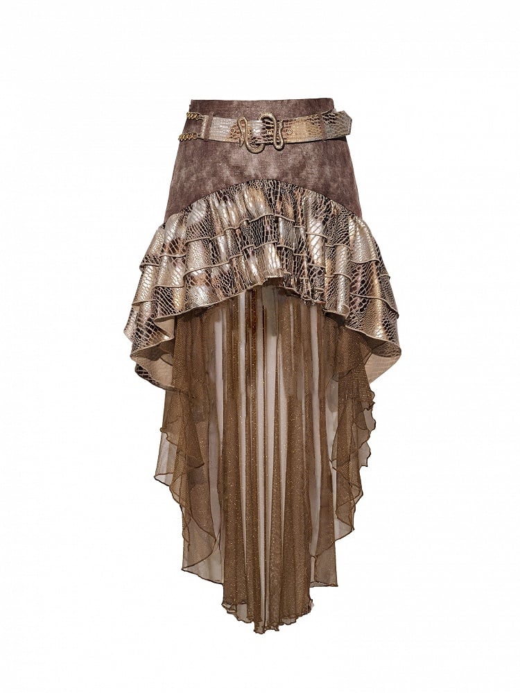 High-low Punk Brown Skirt Snakeskin Design Tiered Pattern Wasteland