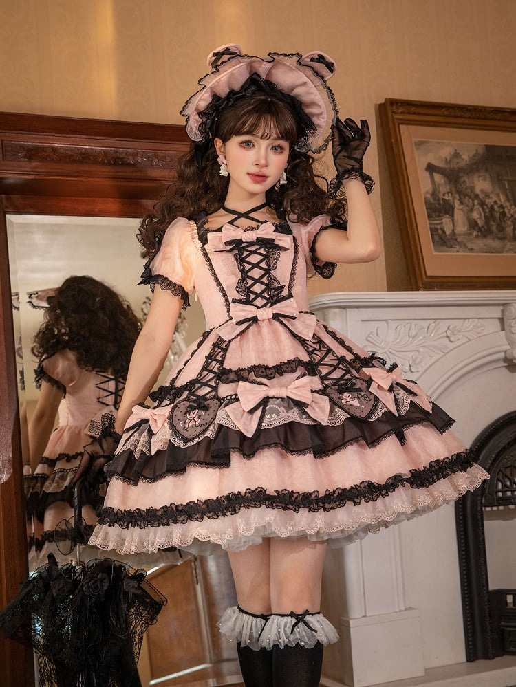 Embroidery Black Accents Bunny and Dress Lolita Heart Bow Pink Applique Sweet