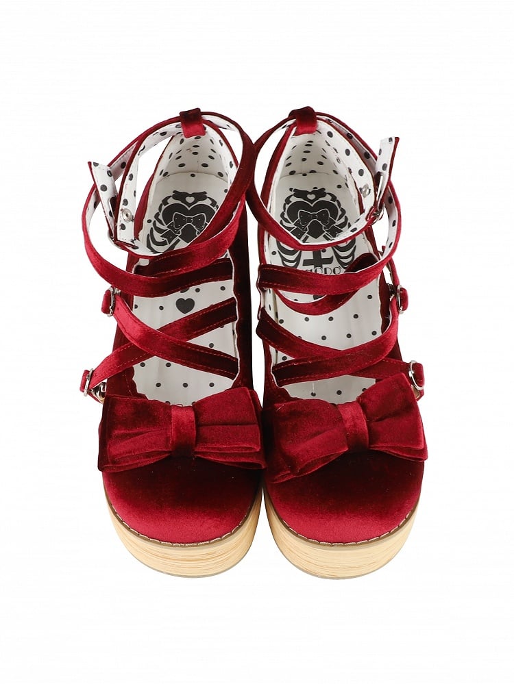 Straps Mary Crisscross - Platform Velvet Accents Lolita Bow Wine Sweet Red Janes