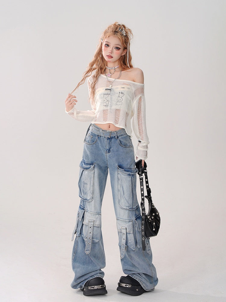 Cropped Beige Knit Top with Intricate Distressed Asymmetrical Holes