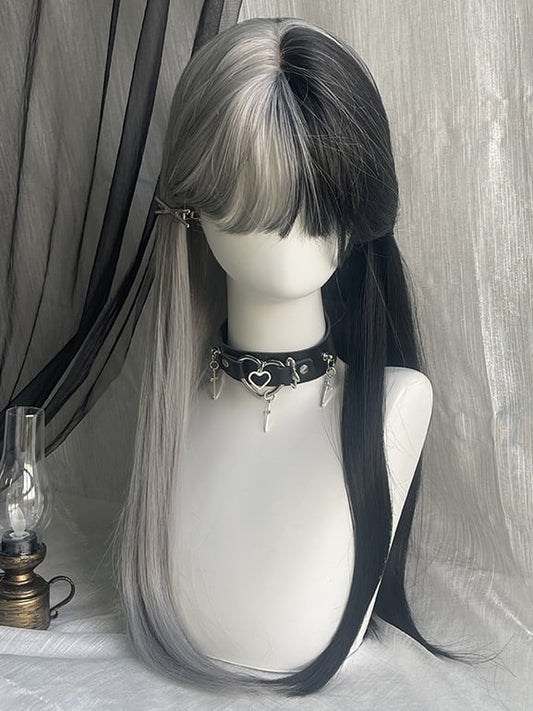 Black&White Split Color Waist Length Straight Synthetic Wig With Bangs