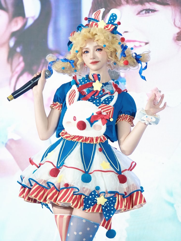 ピエロダークバニードレスブルークラウンコアオーバーオールフリースロリータパステルスイートサーカスレッドとボディス