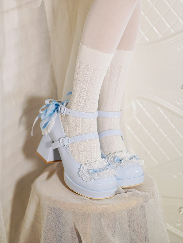 Blue Heels Top Knotted Buckles at Bow High Trim Lace Block Heart