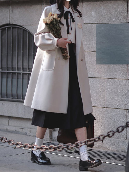 Double Breasted Design Notched Collar  with Long Woolen Coat White